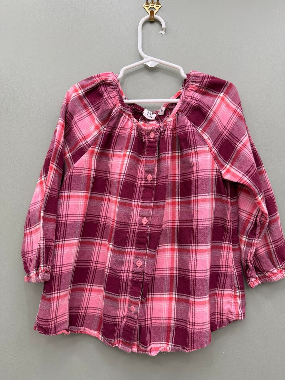 GAP Kids Girls Pink Burgundy Plaid Peasant Blouse Size 8-9